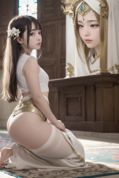 神殿で祈りを捧げる黒髪の少女