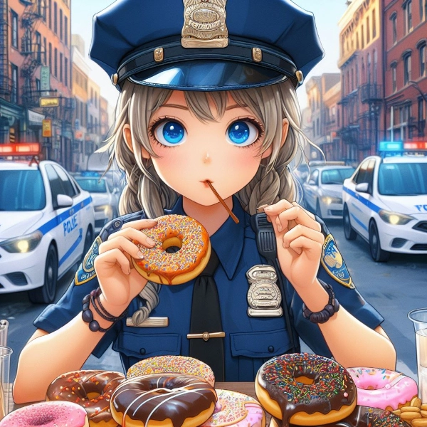 ドーナツを食べる女性警察官