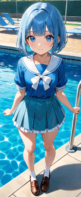 プールサイドの制服青髪さん