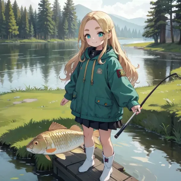 鮒を釣り上げたおでこちゃん