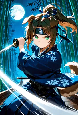 月下の竹林に舞う剣士