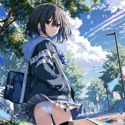 青空を背に振り返る放課後の少女