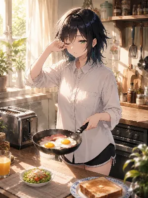 眠そうな朝のキッチンで作る朝食
