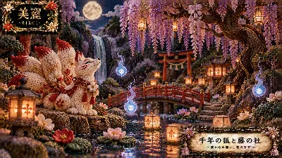 月夜の藤の社で千年狐が待つ