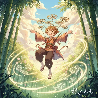 竹林の魔法に舞う少年の秋