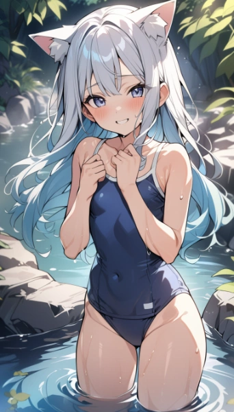 川辺の水浴びを楽しむ猫耳少女