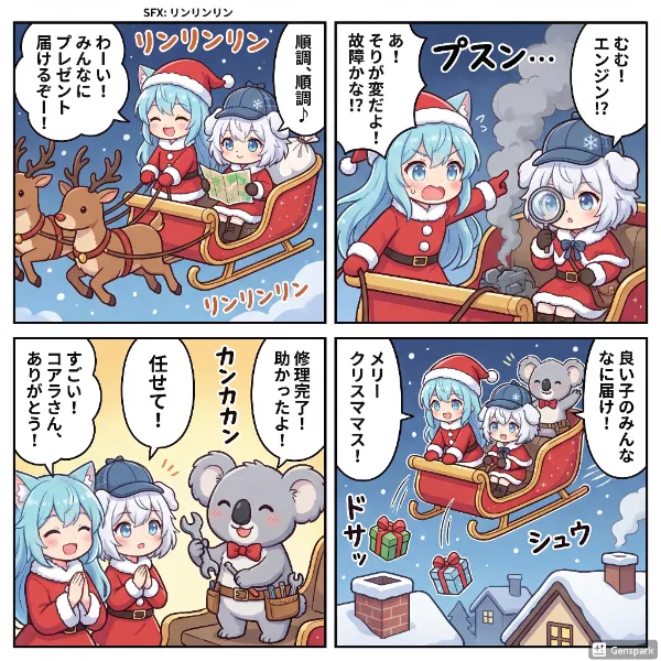 クリスマスのトナカイのそりに乗るアクアちゃんとペロちゃんの四コマ漫画