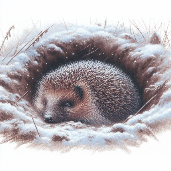 ハリネズミ、巣穴で冬眠