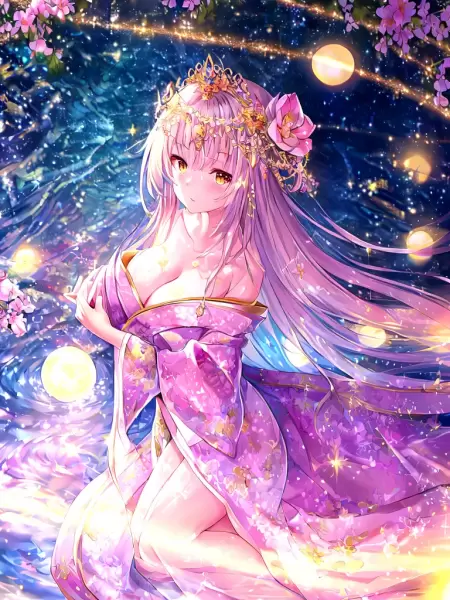 花魁と川辺で夜のお花見