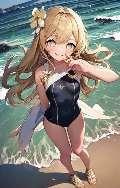 海辺で佇む金色の髪の少女