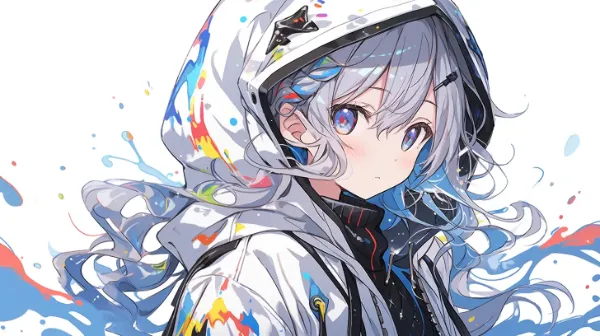 色彩の雨に染まる銀髪の少女