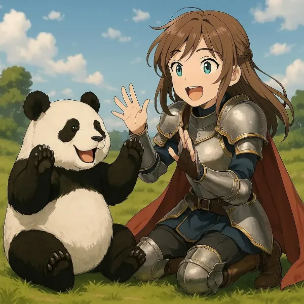 パンダと少女騎士の冒険ハイタッチ