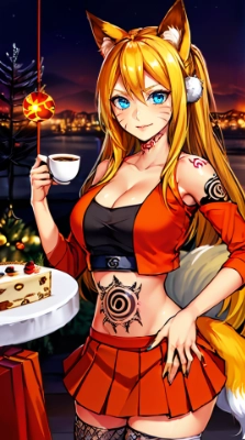 狐の力を秘めたうずまきナルトが魅せるセクシーなくノ一のタトゥー！夢幻的なクリスマスパーティーを堪能せよ