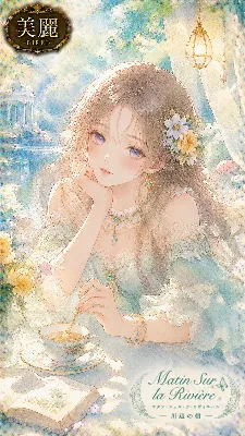 川辺の朝、少女の優雅なティータイム