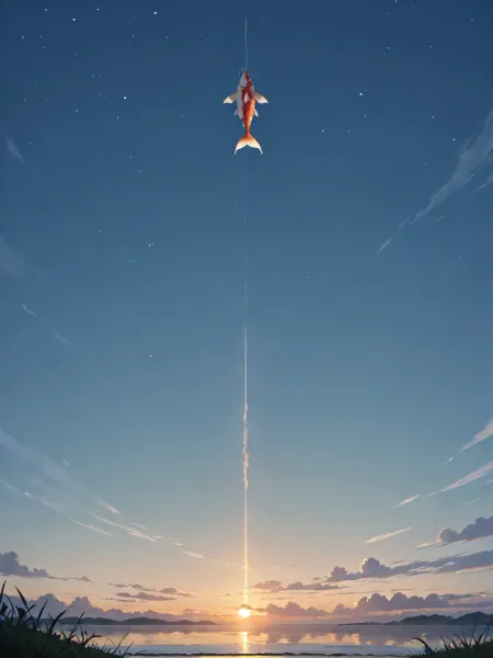 夕陽に昇る幻想の鯉