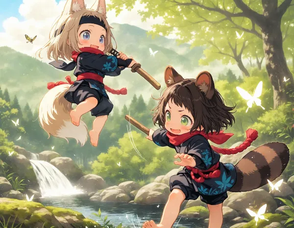 コン子とポン子・忍者ごっこ