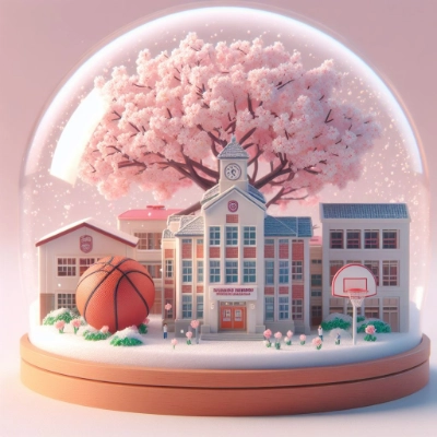 桜と校舎がテーマのスノードーム