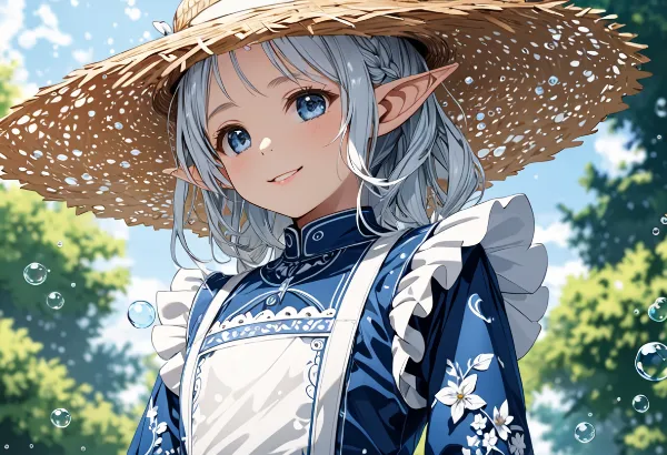 水滴きらめく麦わら帽子のエルフ