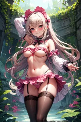 裏庭でけしからん水着を堪能するピンクちゃん