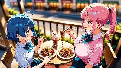 屋外カフェで食べる二人の焼きそば