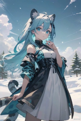 青髪ユキヒョウ娘と雪山