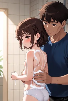 パパに胸と背中を洗ってもらってちょっと恥ずかしい♡