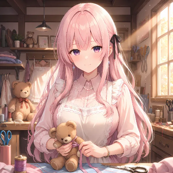 工房でくまさんにリボンを