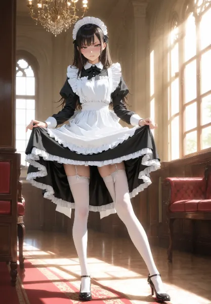 嫌がるメイドさんがスカートをたくし上げて睨みつけてくるイラスト　トイレンのメイド画像