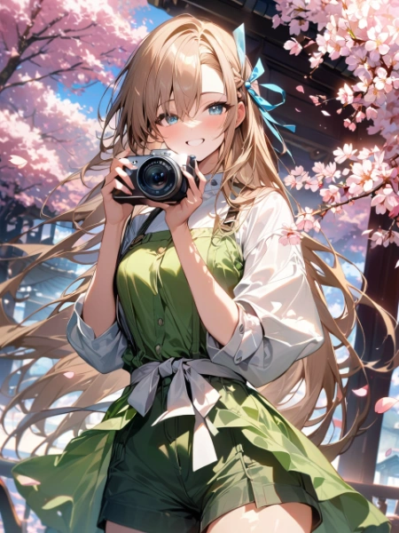 私服のアスナが桜の下で写真撮影【ブルアカ・一ノ瀬アスナ】