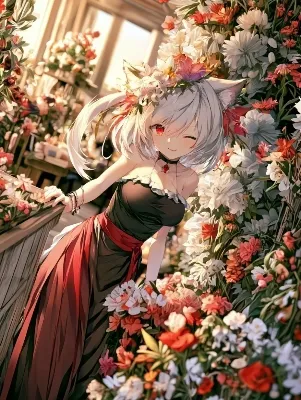 花冠の猫娘と午後の花屋