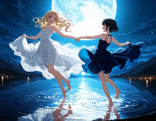 黒髪＆ブロンド・湖面でダンス