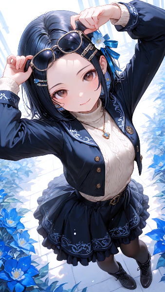 青い花畑の秘密の微笑み