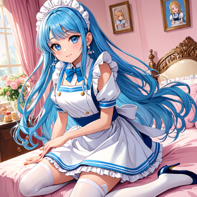 ひと休み中の青髪メイドさん