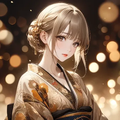 黄金の光に輝く着物少女