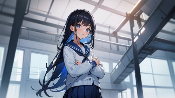 インナーカラーの女子高生、腕を組む。