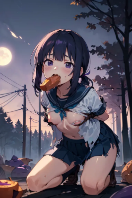 秋の味覚を頬張る制服の女の子2024