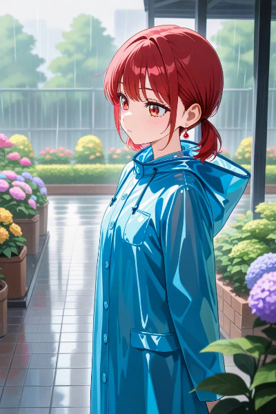 雨降ってきたから、レインコート着た... 美花