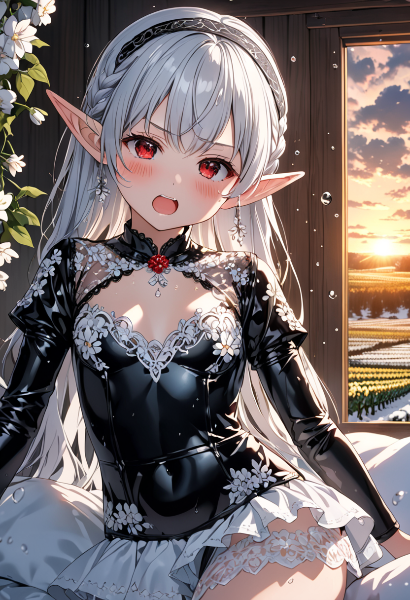 夕暮れの窓辺で微笑むエルフ姫