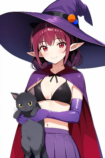 猫と一緒のビキニエルフ魔女さん