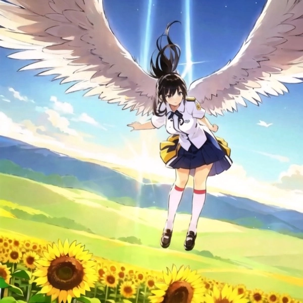 向日葵畑に悪戯しに来た天使