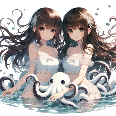 （DALL-E3）適切な白い水着の姉妹と、白いタコ