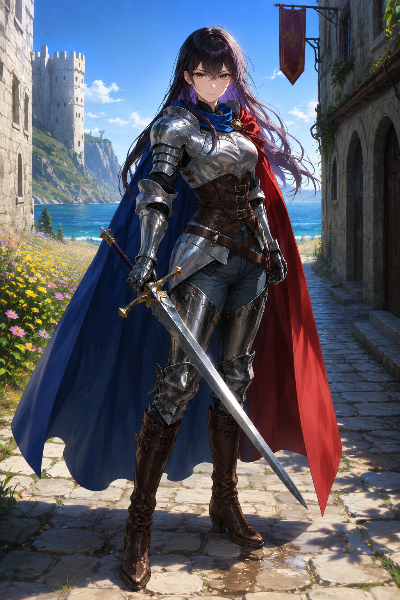 海を望む古城の街に立つ女騎士