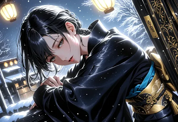 雪夜の黒髪美女