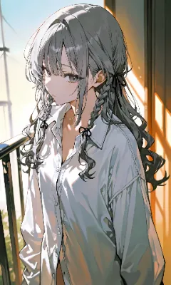 灰色髪ロング　Yシャツ