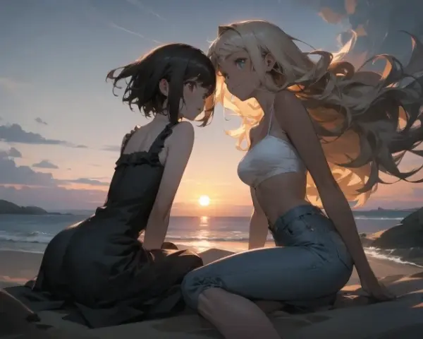 黒髪＆ブロンド・夕暮れの浜辺