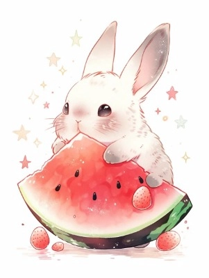 スイカ食べるうさぎ