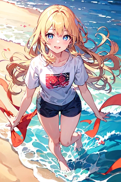 波と戯れる金色の髪の少女