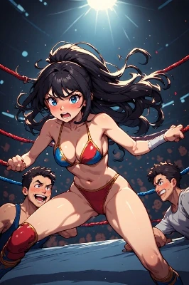 リングに舞う黒髪の女戦士