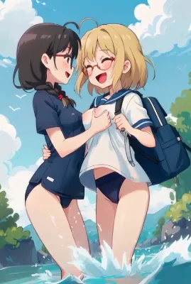 下校中に川遊びする百合カップル