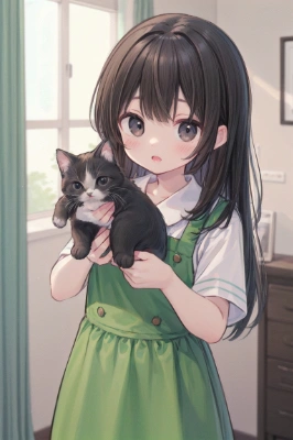 黒髪の少女と猫！